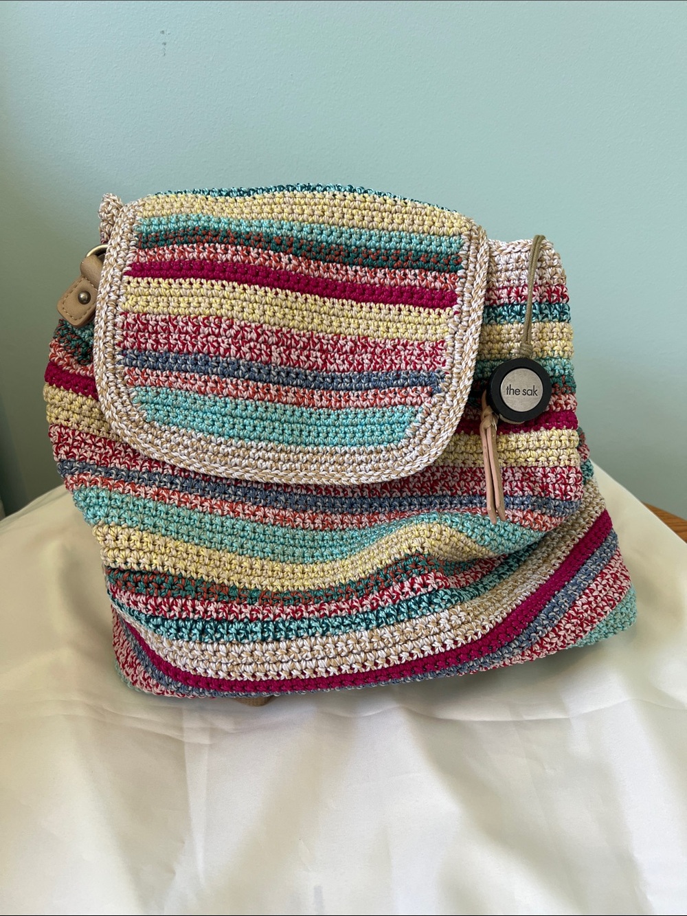 The Sak Multicolor Striped Crochet Backpack - Cream, Teal, Pink